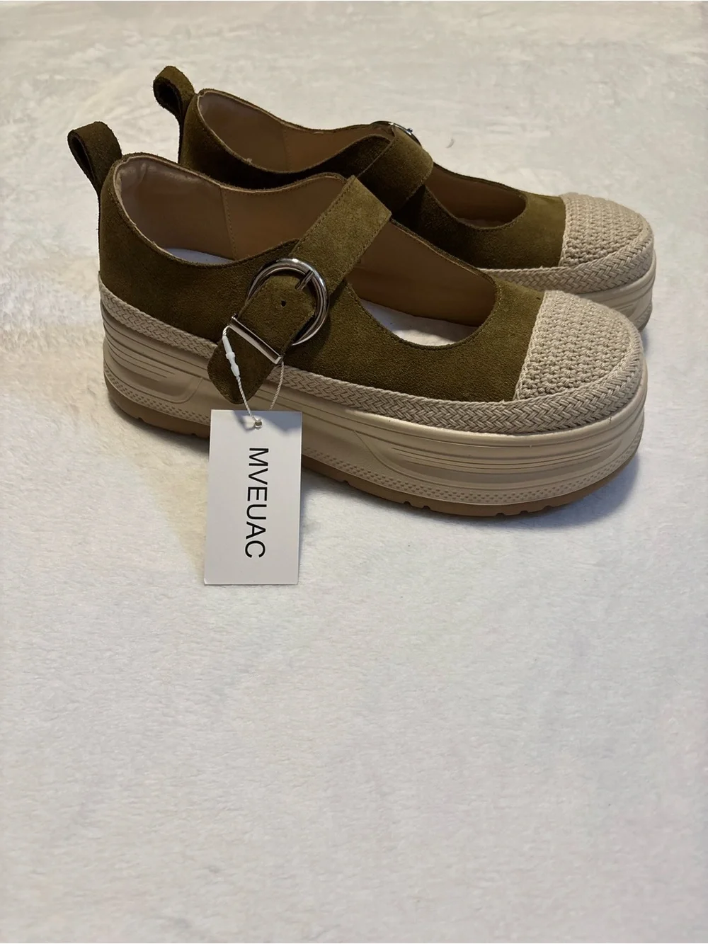 SUEDE MARY JANES | Women’s Platform Shoes in Olive and Cream - Knit Toe w/Buckle
